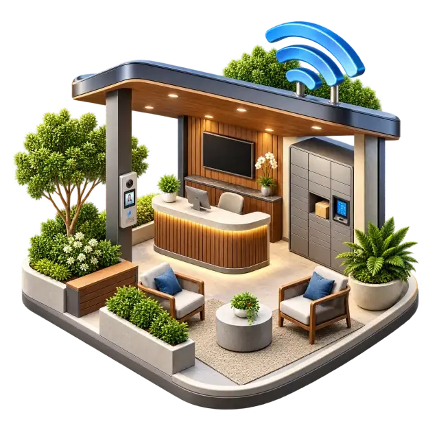 Prestige Park Lane resident help desk with communication counter and parcel service area