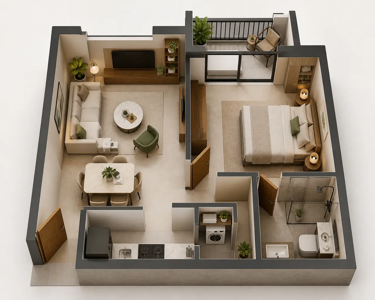 Conceptual three-dimensional one-bedroom apartment planning study