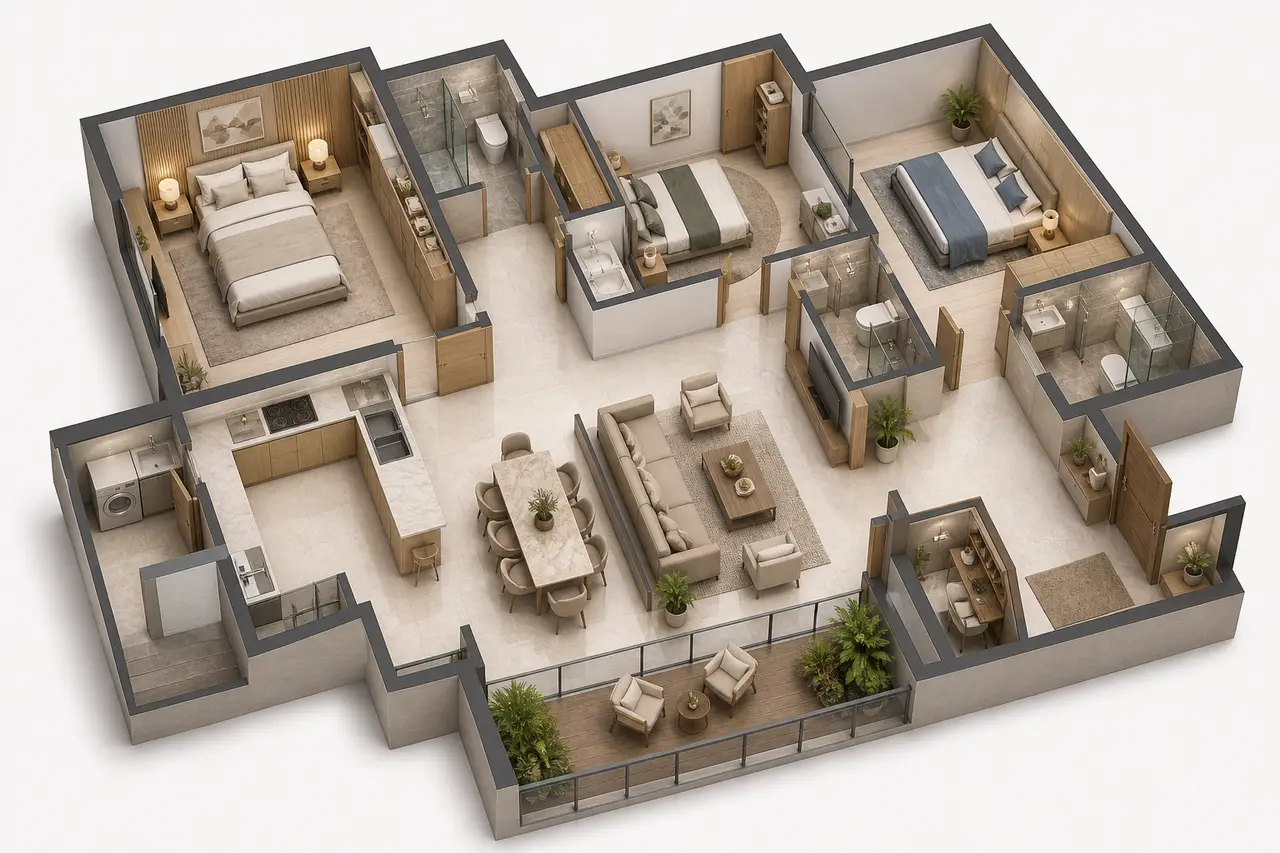 Conceptual three-dimensional three-bedroom apartment planning study